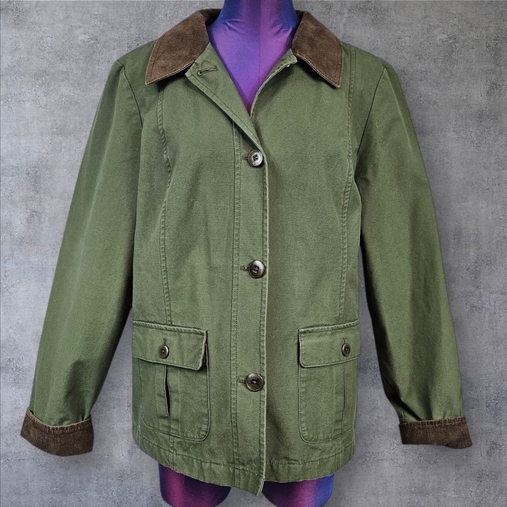 L.L. Bean Short Barn Jacket Chore Coat Olive Green Corduroy Size Large Women's